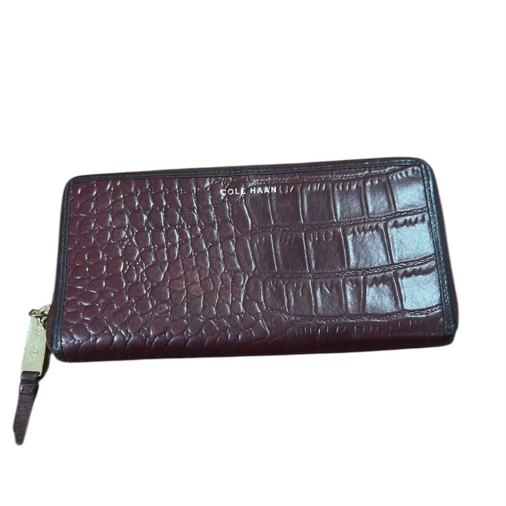 Cole Haan Croc-Embossed Zip Around Wallet - Burgundy with Gold Hardware
